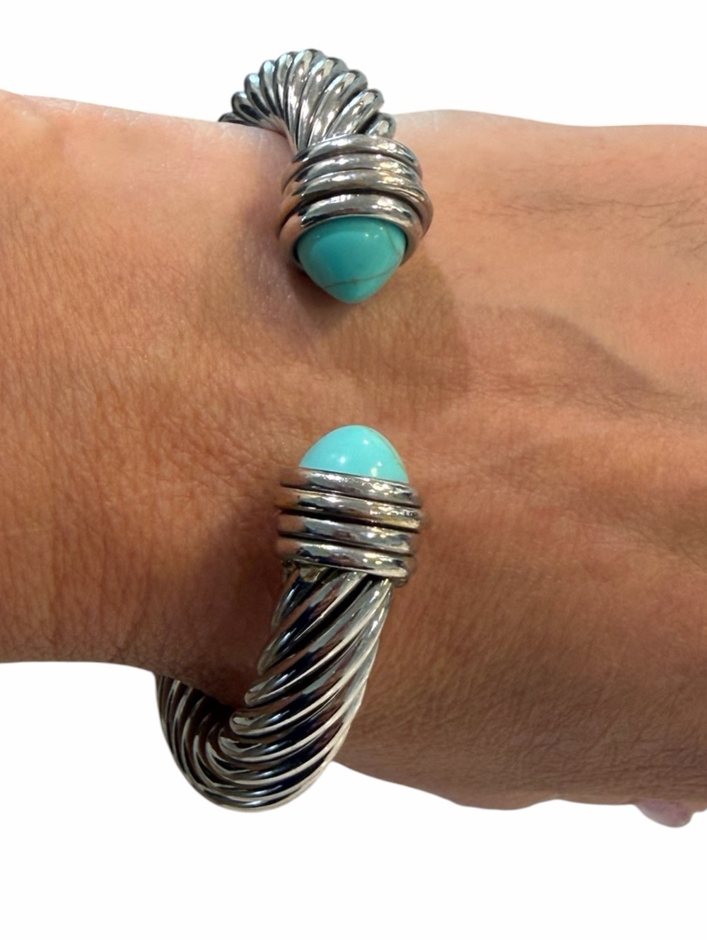 Chunky Silver-Tone Twisted Cable Hinged Cuff Bracelet with Faux-Turquoise Stones - Picture 7 of 7